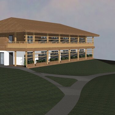 Architektonische Visualisierung eines modernen Holzgebäudes auf einer Wiese mit Wegen.
