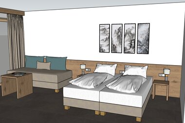 A modern hotel room featuring two twin beds, a sofa, a wooden table, and wall art.