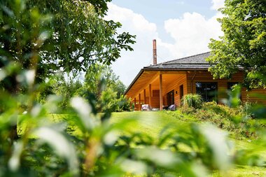 Ein modernes Holzhaus umgeben von Grün, mit Bäumen und Sträuchern im Vordergrund.