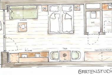 Grundriss eines Gartenstudios mit Bereichen für Wohnzimmer, Küche, Bad und Terrasse.