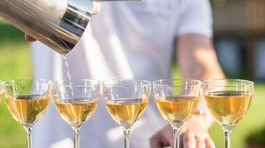 Ein Barkeeper gießen einen Cocktail aus einem Shaker in fünf elegante Gläser an einer Bar.