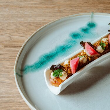 Ein kunstvoll angerichtetes Sushi-Gericht auf einem weißen Teller, garniert mit Radieschen und frischen Kräutern.