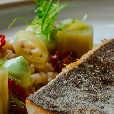 Ein Teller mit gebratenem Fisch, Pasta, gedünstetem Gemüse und Saucen dekoriert.
