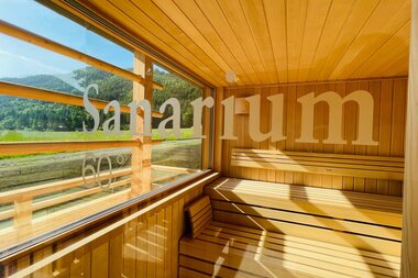 View inside a wooden sauna with the word 'Sanarium' and a nature backdrop.
