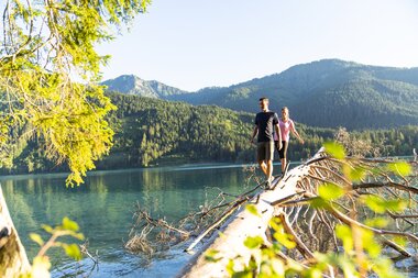 Ein Mann und eine Frau gehen auf einem umgefallenen Baum entlang an einem ruhigen See, umgeben von Bergen und Grün.