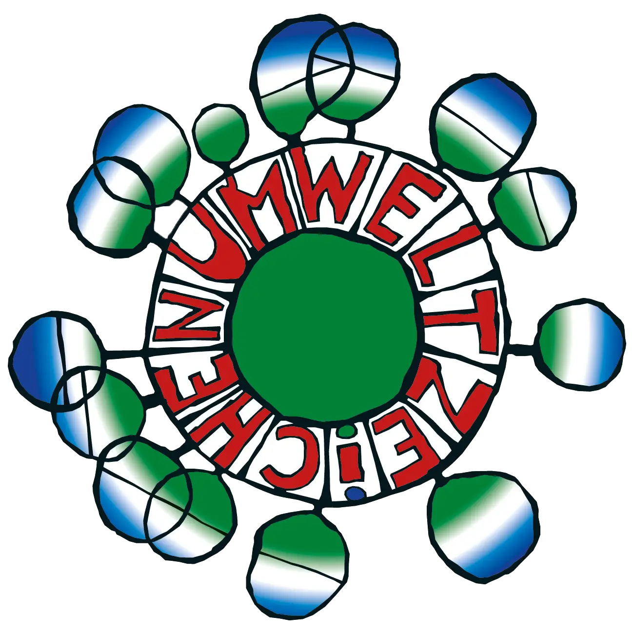 Logo mit dem Text 'Umweltschutz' in einem rundem Design, umgeben von grünen und blauen Elementen.